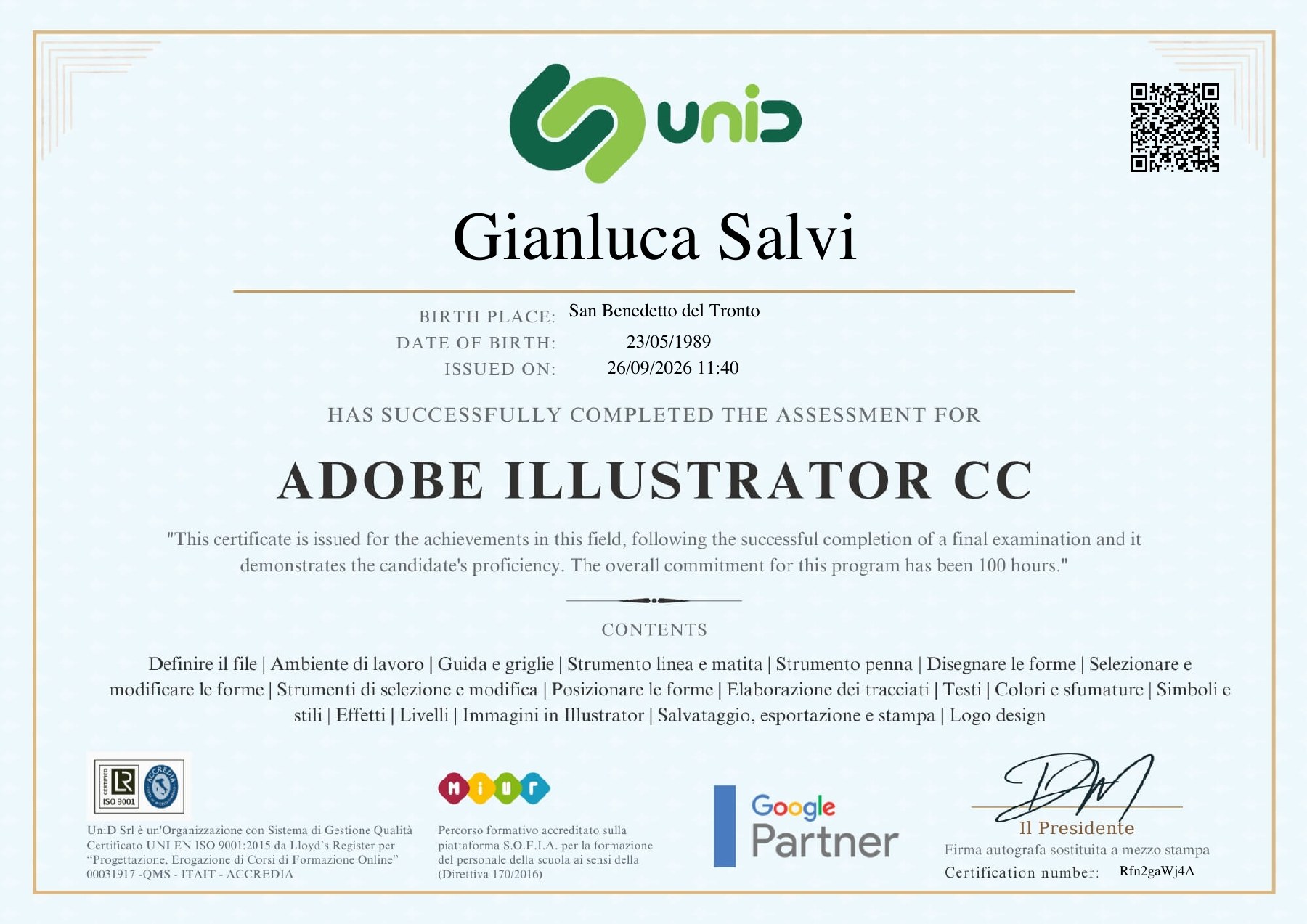 Attestato di Gianluca Salvi: Adobe Illustrator