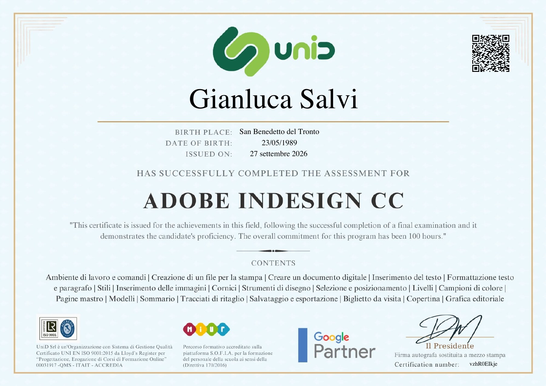 Attestato di Gianluca Salvi: Adobe InDesign